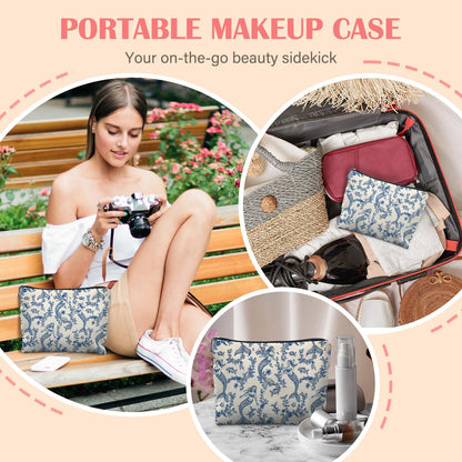 Blue Toile Mermaid Makeup Bag for Women, Mermaid Gifts for Women, Nautical Ocean Coastal Cosmetic Bag for Purse, Preppy Beachy Chinoiserie Makeup Zipper Pouch