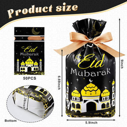 Blulu 50 Pcs Eid Mubarak Gifts Bags Plastic Ramadan Gift Bags Arabesque Moon Bulk Mosque Happy Eid Theme Goodie Pouches for Muslim Mubarak Party Candy Wrapping Supplies Decorations(Black)