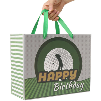 13” Large Golf Birthday Gift Bag Set with Handles, Greeting Card, Blue Tissue Papers for Men Boys Golfers for Golf Party Favors, Sports Themed Design, 1 Pcs