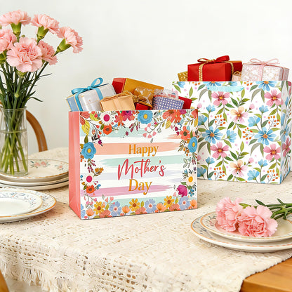 2 Pack 13" Large Mothers Day Gift Bags, Reusable Paper Mothers Day Floral Gift Bag with Handles Elegant Mothers Gift Wrap Bags with Flowers Pattern Design for Woman Moms Grandmas Gift Wrapping Supplie