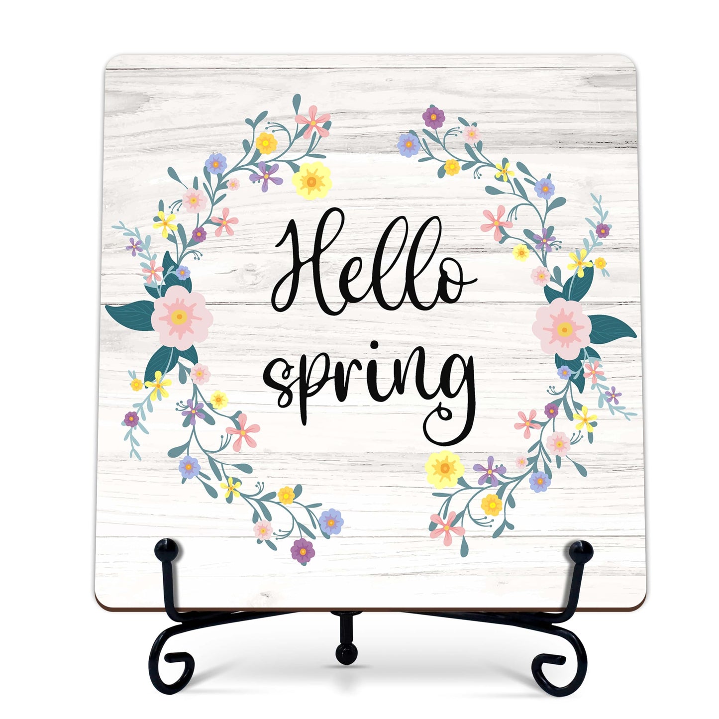 Spring Decor, Hello Spring Wooden Sign, Floral Wreath Desk Wood Decor with Iron Stand, Easter Gifts for Women Wood Sign Decorations for Home Office Bedroom - B05