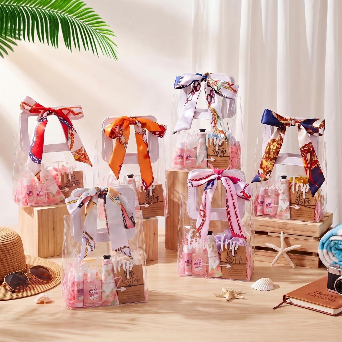 Leelosp 49 Pcs Girls Trip Favors 6 Sets 2026 Girls Weekend Gifts Handbag Lip Balm Hand Cream Hand Sanitizer Bracelet Scarves Hair Band and Hair Clips for Sisters Friends Bestie Bachelorette Party