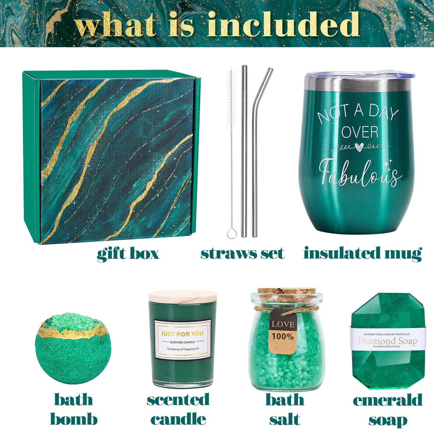 Green Gifts for Women, Emerald Gift Basket for Mom from Daughter Son, Luxury Relaxing Spa Self Care Box, Unique Birthday Christmas Valentines Mothers Day