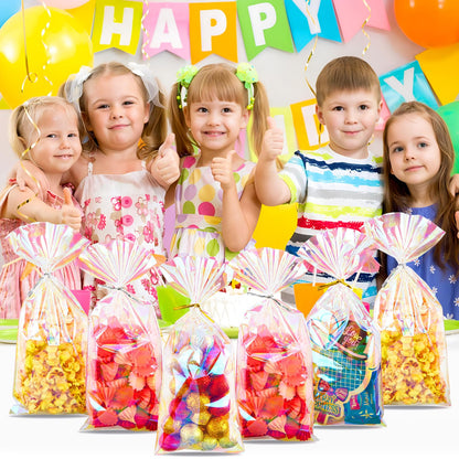 Ohuimrt 5x11 Inches Iridescent Cellophane Treat Bags with Ties, 100 PCS Small Plastic Holographic Goodie Bags for Candies, Snacks, Popcorn, Small Gifts and Party Favor