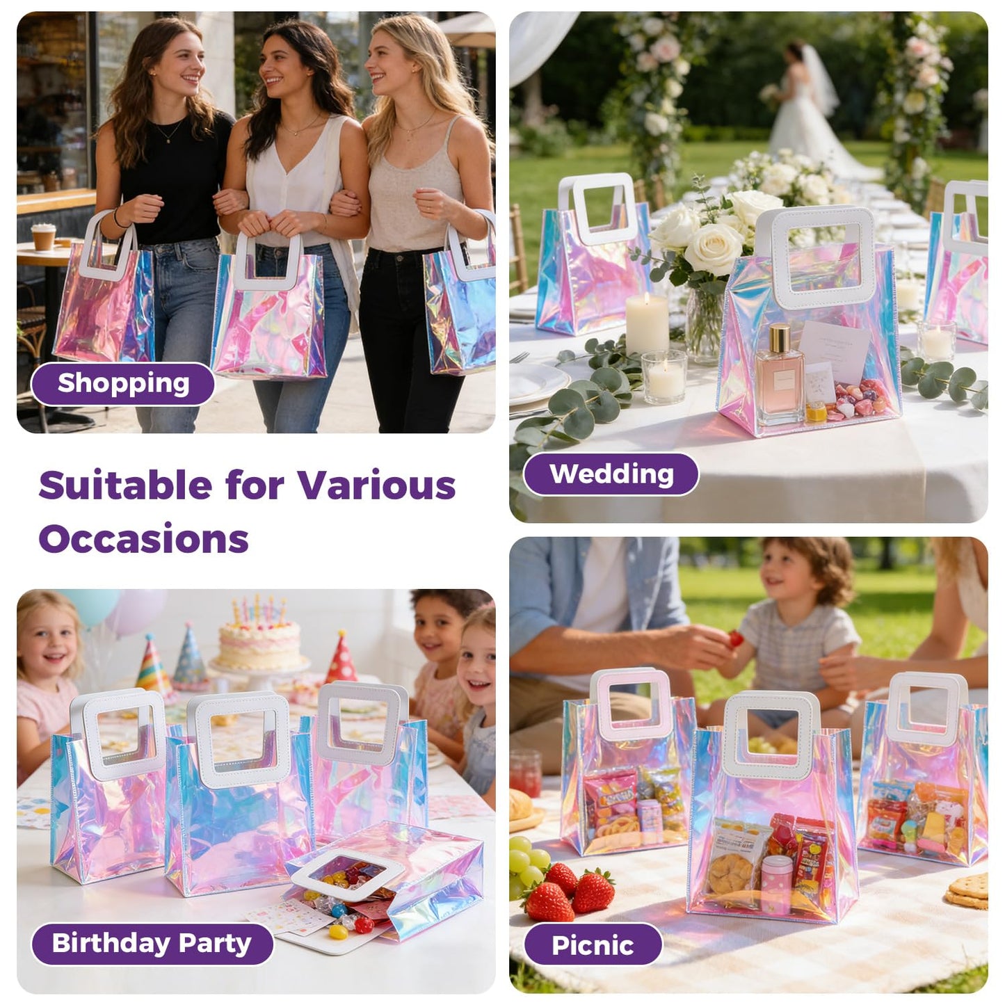 GcFoir Small Iridescent Gift Bags with Handles,15 Pcs 8.3''x8''x4'' Holographic Bachelorette Party Favor Bags, Clear Gift Bags with Handles, Reusable PVC Tote Goodie Bags for Shopping, Baby Showers