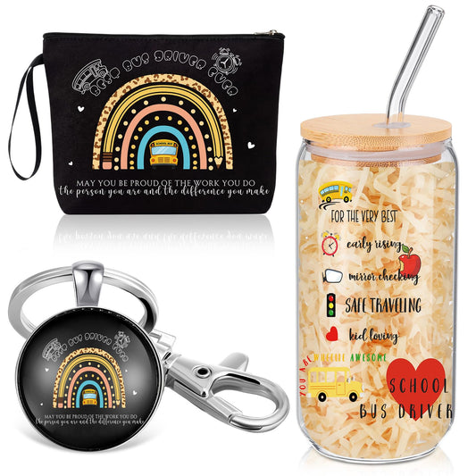 Kacctyen Bus Driver Appreciation Gifts for Women, School Bus Driver Gift Set, 17 oz Glass Cup with Lid and Straw, Makeup Bag and Keychain Thank You Gift for Drivers