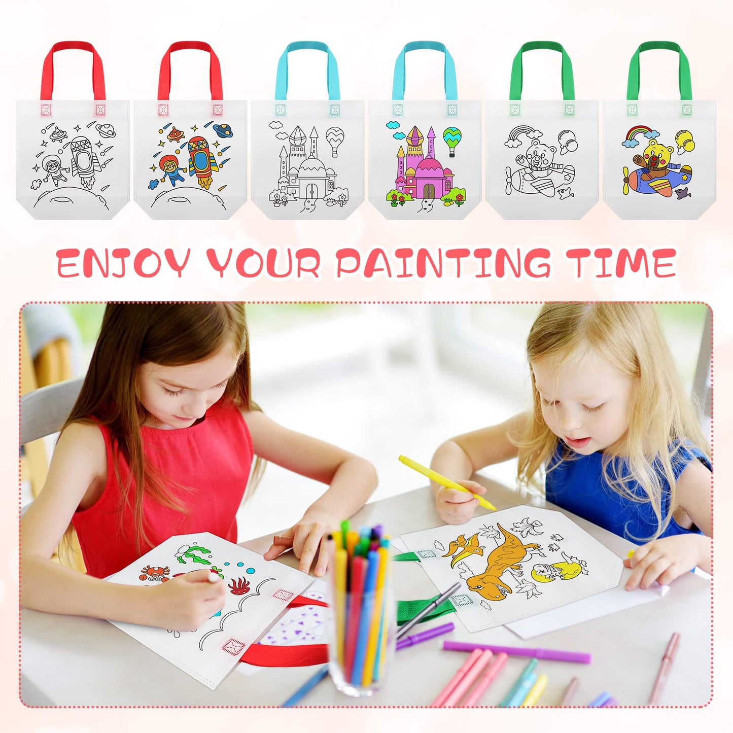 BBTO 100 Pcs Coloring Goodie Bags Cute Cartoon Reusable Party Favor Paint Non Woven Goodie Bags for Kids Birthday Party Art DIY Crafts Supplies, 20 Styles