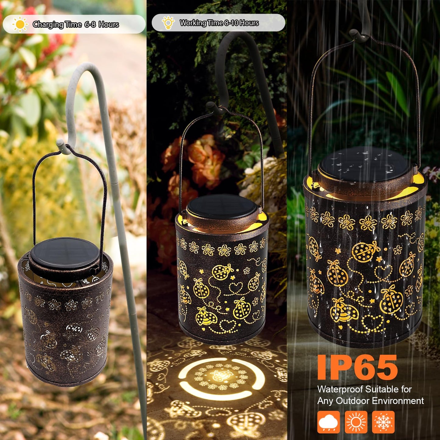 Decorative Solar Lantern Outdoor, Hanging Garden Light with Ladybug Pattern Projection, Waterproof Metal Lantern for Patio Yard Porch, Unique Gift for Women Men Mom Grandma