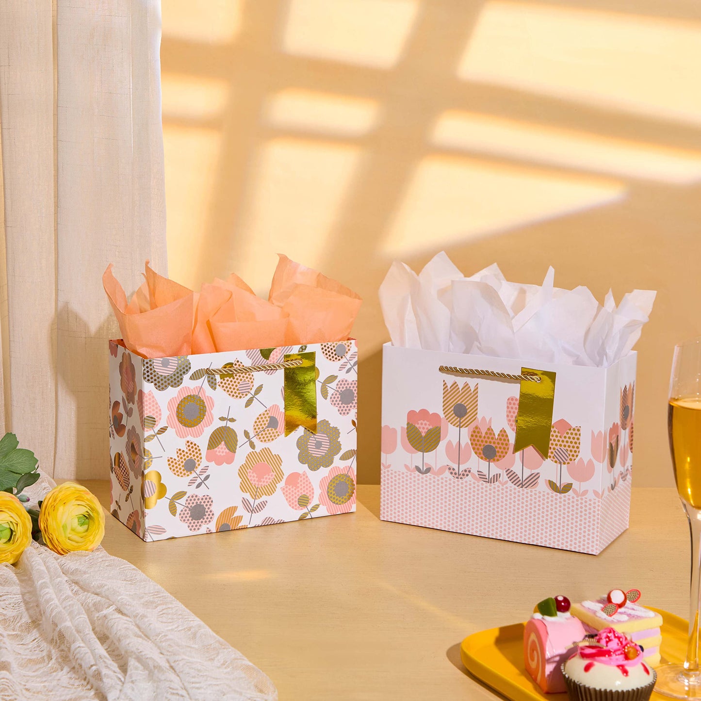 SUNCOLOR 2-Pack 9 Inch Flower Gift Bags with Tissue Paper, Floral Gift Bags for Mother's Day Birthday Bridal Shower Easter