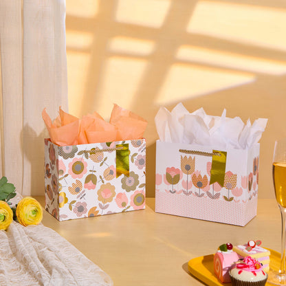 SUNCOLOR 2-Pack 9 Inch Flower Gift Bags with Tissue Paper, Floral Gift Bags for Mother's Day Birthday Bridal Shower Easter