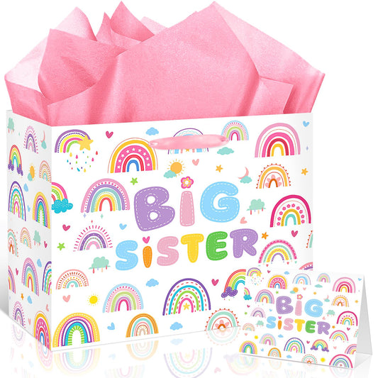 Big Sister Gift Bag for Girls, Cute Big Sister Gift Bag with Tissue Paper and Greeting Card Pink Wrapping Paper Cartoon Rainbow New Sister Party Decoration for Little Girl Birthday Party Supplies