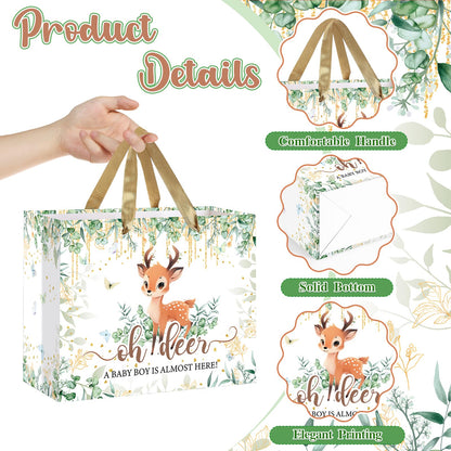 Deer Baby Shower Bag Decorations for Boys Oh Deer Gift Wrap Bag with Wrapping Paper Card Woodland Party Favors A Baby Boy Is Almost Here Goodie Bags for Newborn Kids Birthday Gender Reveal Supplies