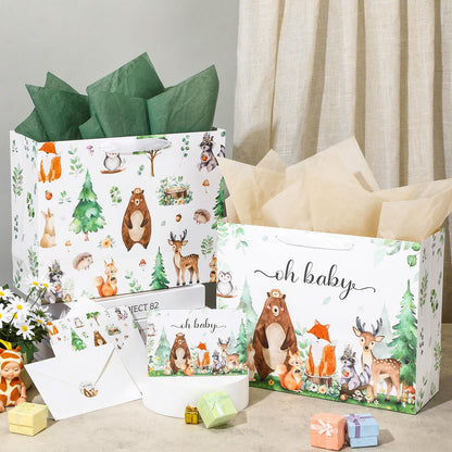 Buryeah 2 Pack 13" Large Baby Gift Bags with Tissue Paper Greeting Cards, Woodland Animal Paper Gift Wrap Bag with Handles and Envelopes for Baby Shower Birthday Party