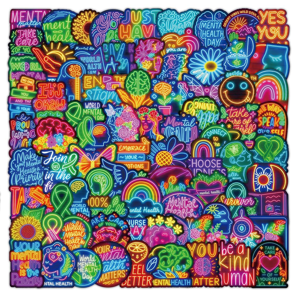 120PCS Neon Mental Health Stickers Gifts for Teens Adults, Mental Health Matters Awareness Items Waterproof Vinyl Decals for Laptops Water Bottles Helmet Doctor Reward Stickers Therapist Office Decor