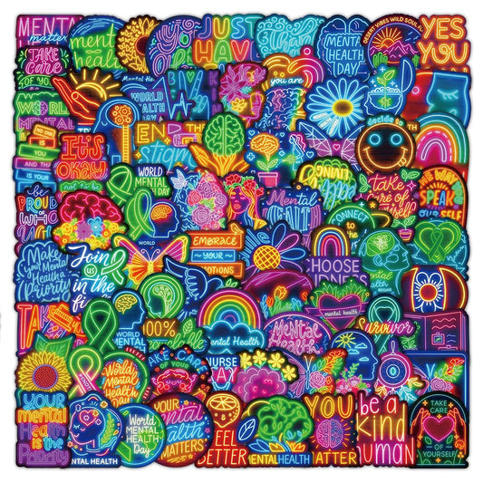 120PCS Neon Mental Health Stickers Gifts for Teens Adults, Mental Health Matters Awareness Items Waterproof Vinyl Decals for Laptops Water Bottles Helmet Doctor Reward Stickers Therapist Office Decor