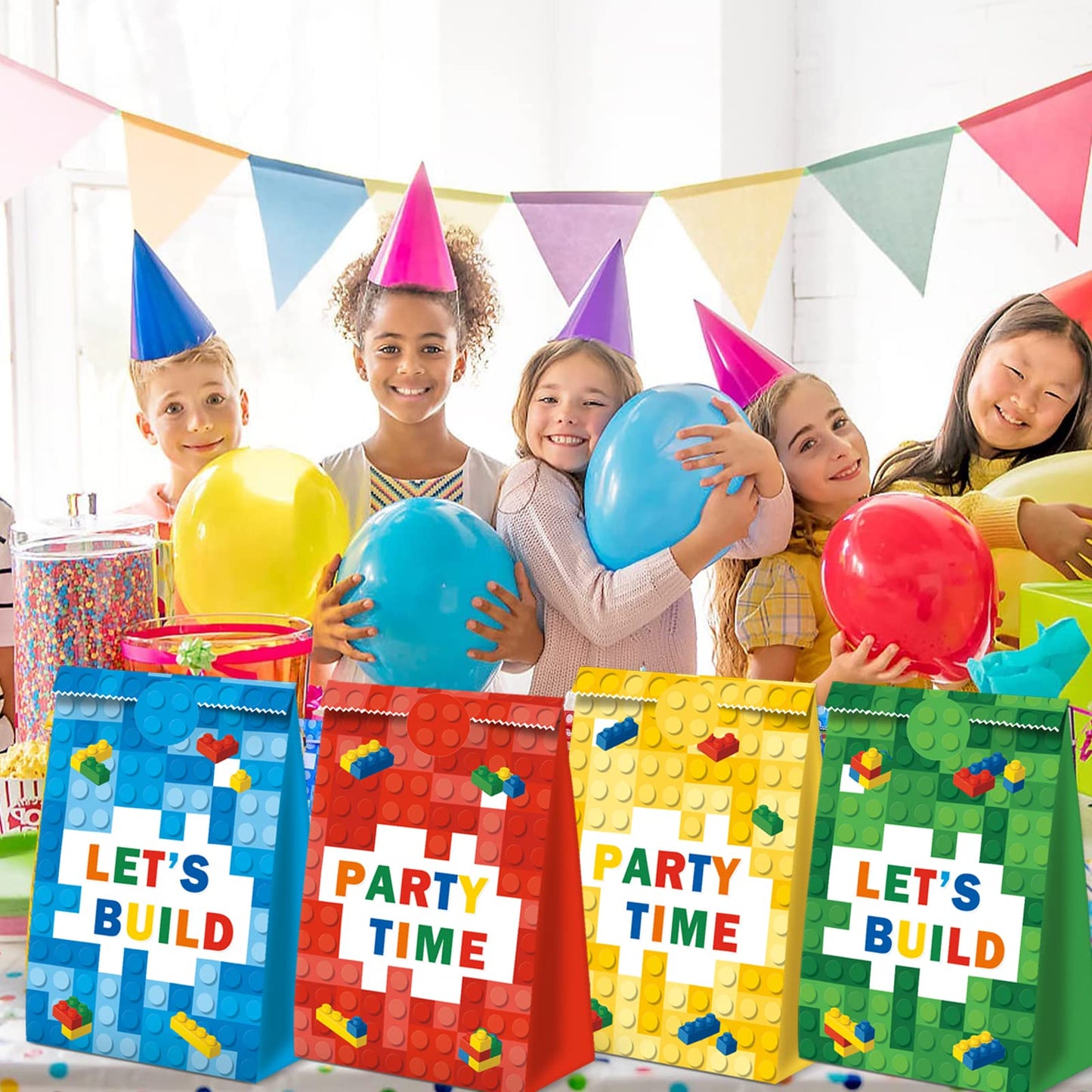 24Pcs Building Block Favor Bags Bricks Candy Treat Paper party Bags Goodie Gift Bags for kids Birthday Party Decoration Supplies