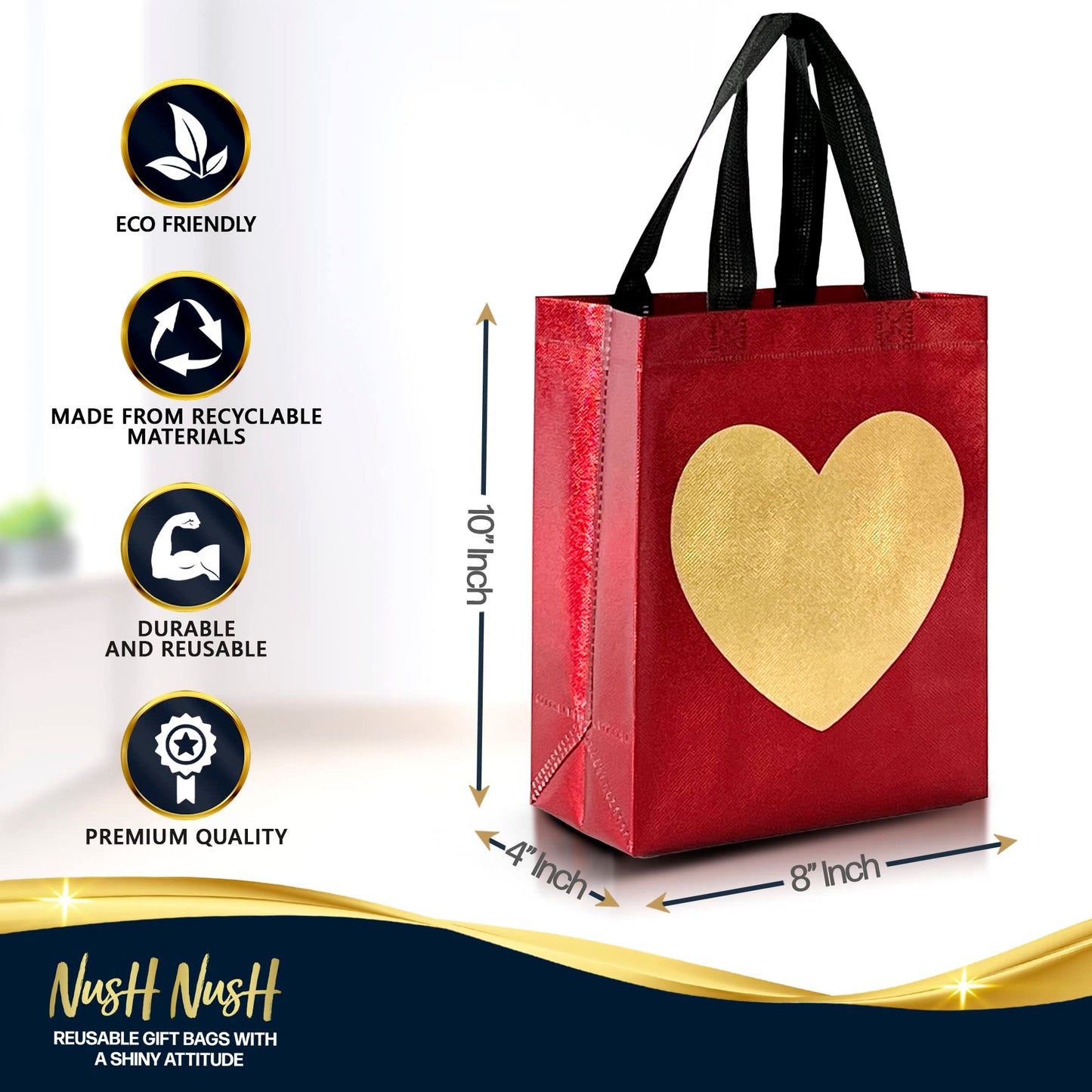 Nush Nush Gold Heart in Red Gift Bags Medium Size - Set of 12 Reusable Heart Gift Bag with Handles - Ideal Goodie Bag for Anniversary, Engagement, Wedding, Birthday, Valentines Day - 8x4x10