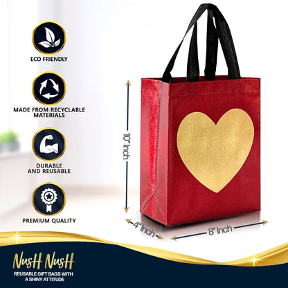 Nush Nush Gold Heart in Red Gift Bags Medium Size - Set of 12 Reusable Heart Gift Bag with Handles - Ideal Goodie Bag for Anniversary, Engagement, Wedding, Birthday, Valentines Day - 8x4x10