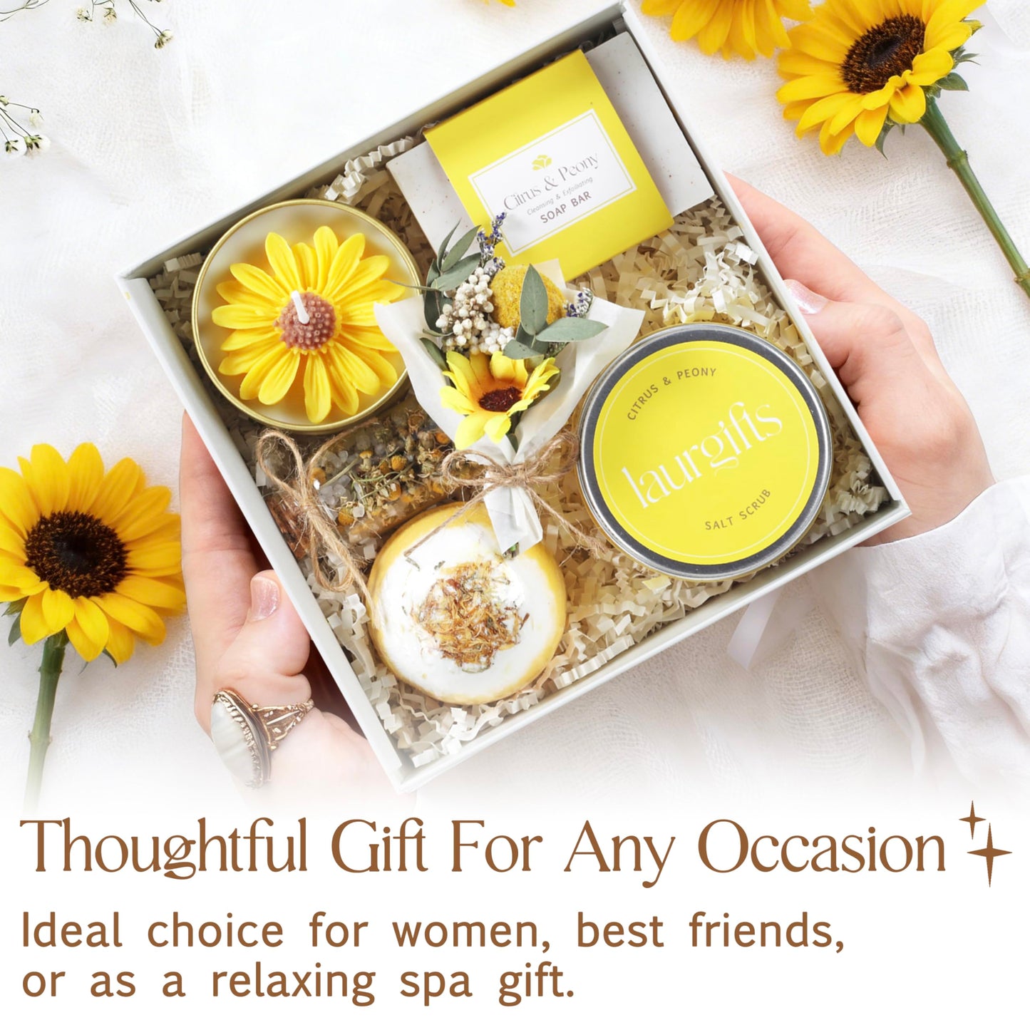 Birthday Gifts for Women – Yellow Sunshine Spa Gift Box, Luxury Bath & Self Care Package with Citrus & Peony Scent for Mom, Sister or Friend