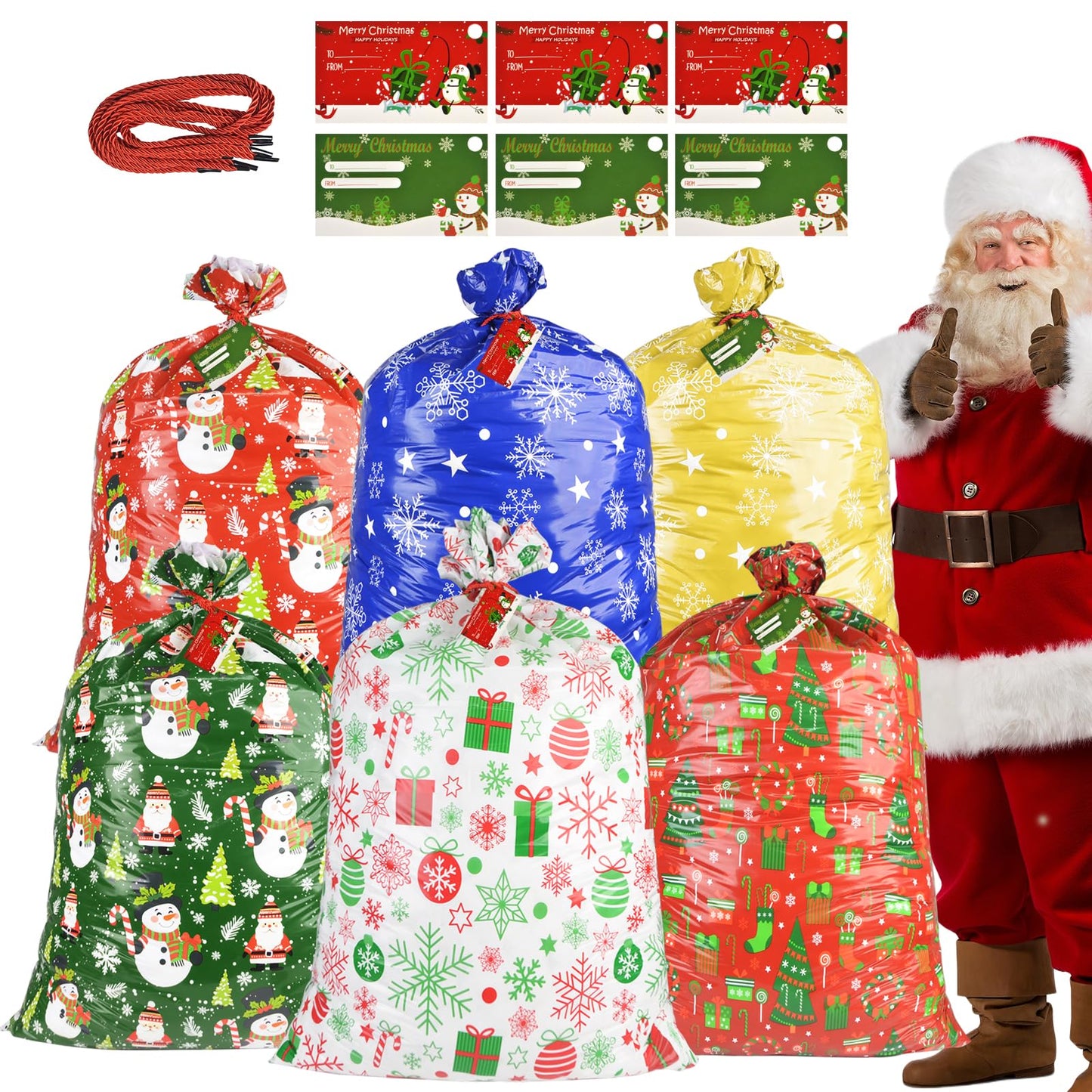 letesult 55" x 35" Extra Large Christmas Gift Bags, 6PCS Jumbo Christmas Themed Bags Holiday Gift Wrap Plastic Gifts Bag with Tag and String for Huge Big Gifts Presents Wrapping Bicycle Bike Gift Bag