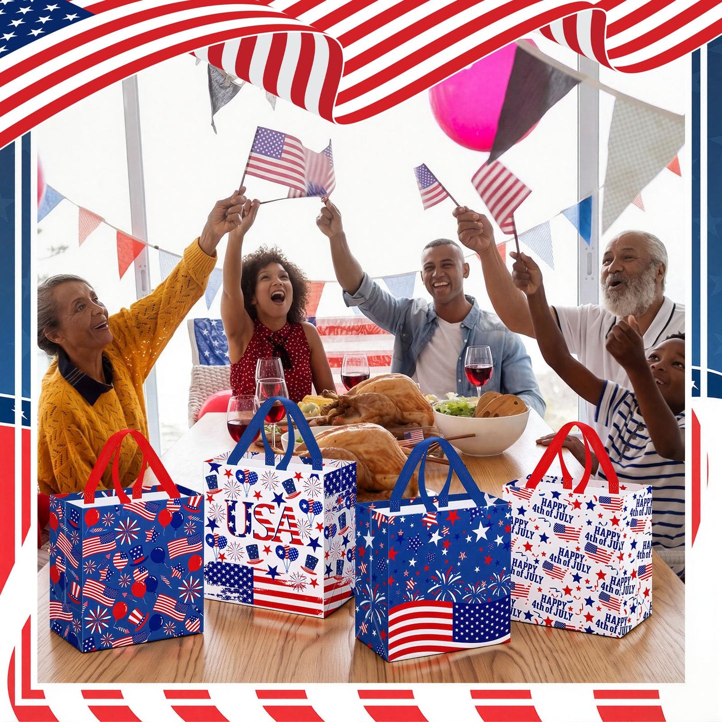 Wesnoy 48 Pcs 4th of July Patriotic Gift Bags Bulk with Handle Non Woven 250th Anniversary Goodie Bag Independence Day American Flag Memorial Day Tote Bag Holiday Party Favor, 11.4 x 10.6 x 4.7 Inch