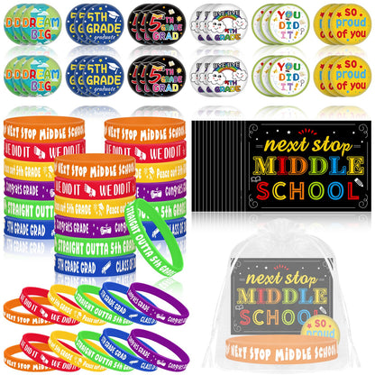 144 Pcs 5th Grade Graduation Gifts Include 36 Rubber Wristbands 36 Graduation Badges 36 Congratulations Graduations Card 36 Organza Bags for Fifth Grade Party Favors Supplies