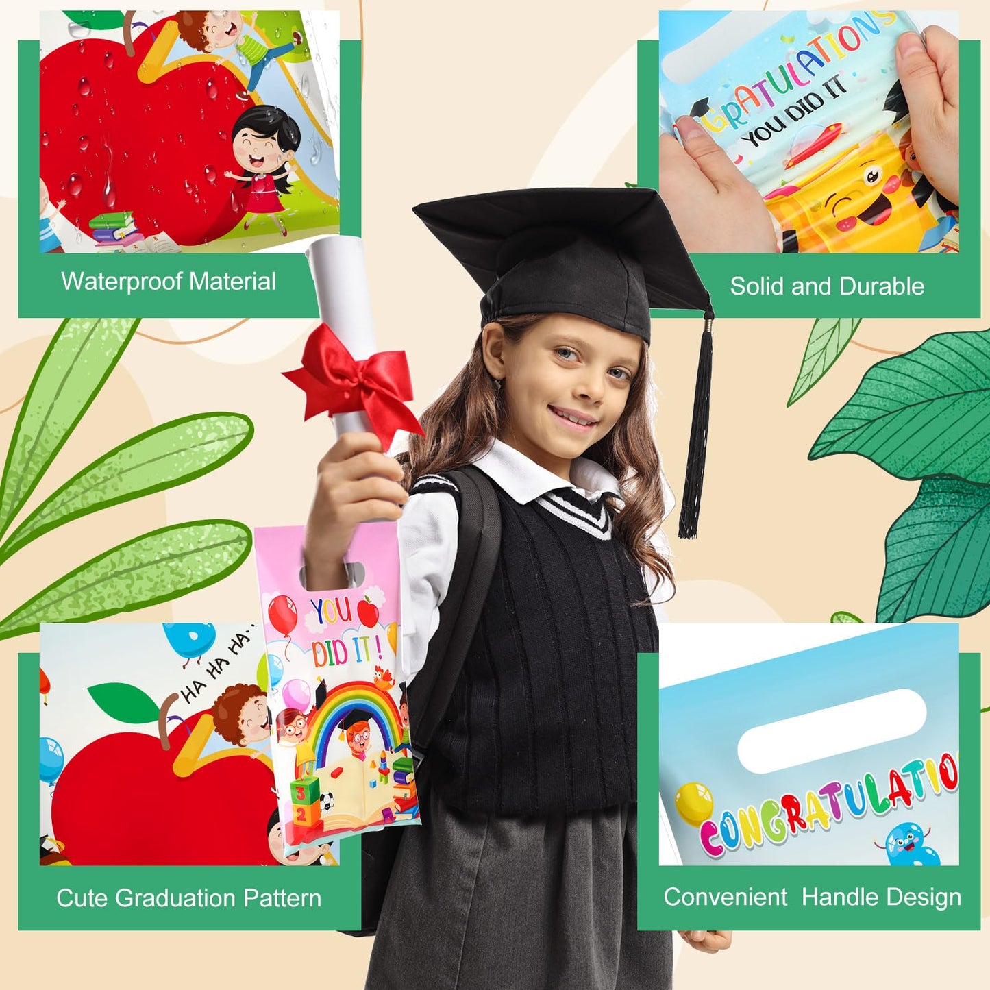 Chivertion 100 Pcs Preschool Graduation Plastic Gift Bags Bulk Kindergarten Graduation Merchandise Treat Bags with Handle for Kids