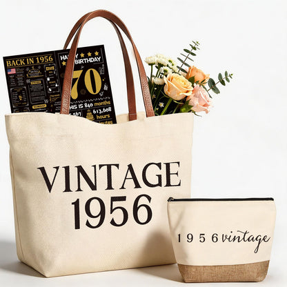 Vintage 1956 Gifts for Women, 70th Birthday Gift Set, Canvas Tote Bag with Leather Handles, Makeup Pouch & Back in 1956 Card, Gift for Her Turning 70