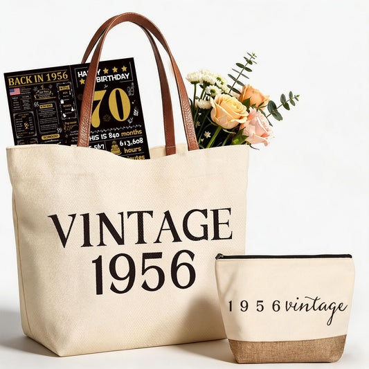 Vintage 1956 Gifts for Women, 70th Birthday Gift Set, Canvas Tote Bag with Leather Handles, Makeup Pouch & Back in 1956 Card, Gift for Her Turning 70