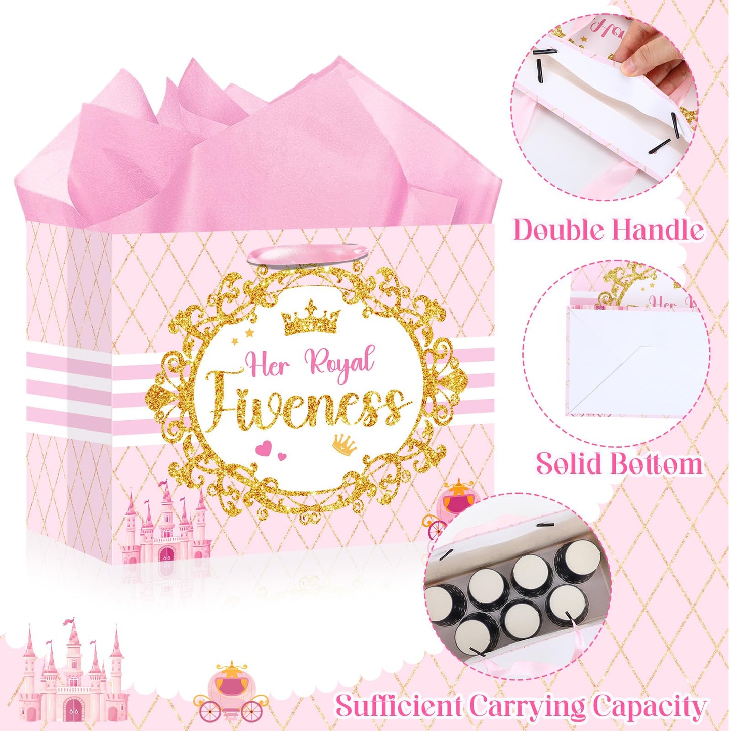 Princess Gift Bags Pink Happy 5th Birthday Party Favors Bag Princess Birthday Party Decorations with Wrapping Tissue Paper and Greeting Card for 5 Year Old Girls Kids Baby Shower Party Supplies Decor