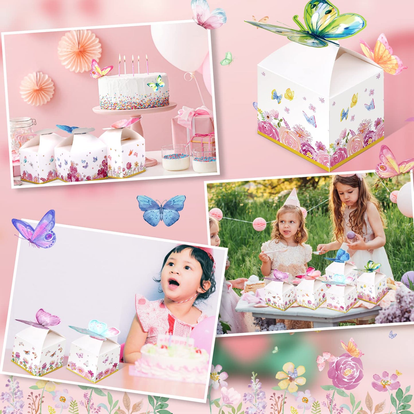 Ctosree 24 Pcs Butterfly Party Favor Boxes Floral Candy Treat Bags Pink Girl Butterfly Gift Paper Box Purple Blue Decor for Princess Birthday Party Baby Shower Supplies