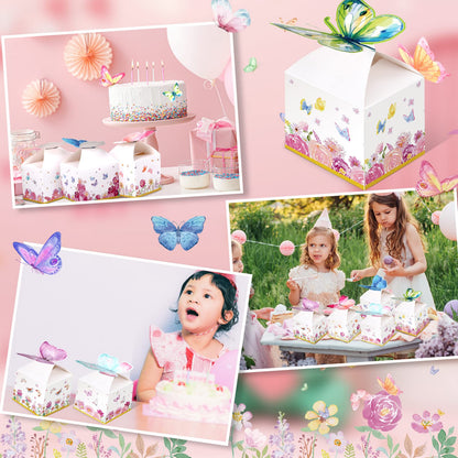 Ctosree 24 Pcs Butterfly Party Favor Boxes Floral Candy Treat Bags Pink Girl Butterfly Gift Paper Box Purple Blue Decor for Princess Birthday Party Baby Shower Supplies