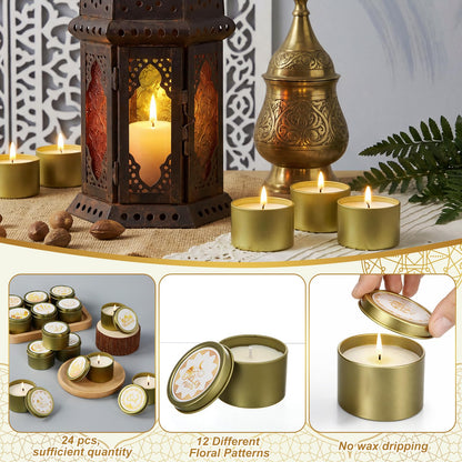 Nuanchu 24 Pack Eid Mubarak Scented Candles Gift 2 oz Golden Star and Moon Design Ramadan Aromatherapy Soy Wax Jars Lasting Bulk Favors for Home Islamic Holiday Party Decor