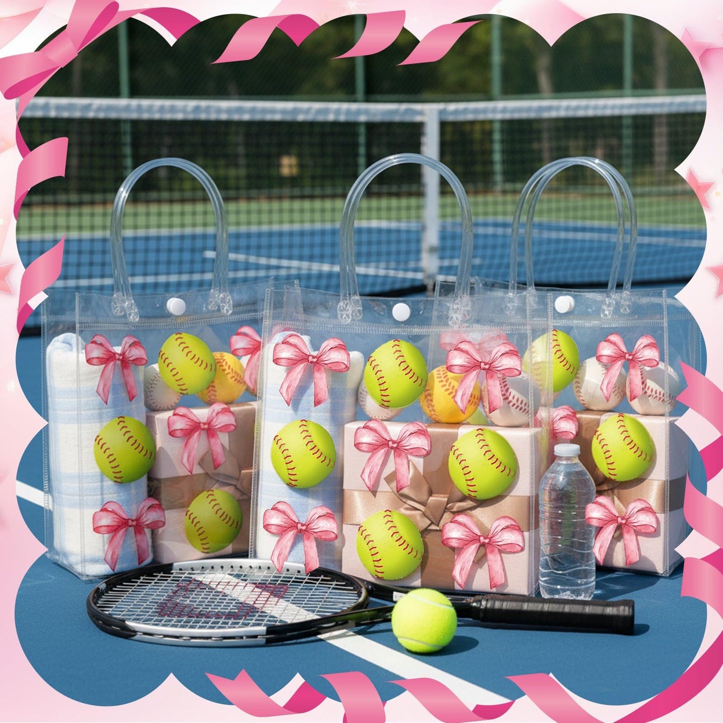 Teenyyou 24 Pcs Softball Clear Gift Bag with Handles Plastic Soft Ball Goodie Sport Theme Party Favor Team Treat Bag with Pink Bow for Birthday Team Snack, 8 x 8 x 3.15 Inches