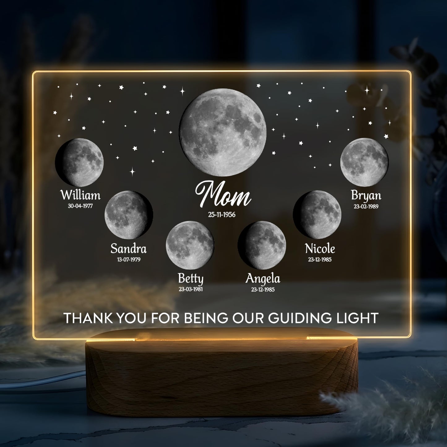 Personalized Moon Phase Night Light for Mom – Custom Birth Moon Lamp with Names & Dates, Real Lunar Phase from Birthday, LED Acrylic Photo Frame Gift for Mother’s Day