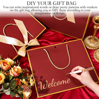 Silkfly 12 Pcs Gift Bags with Handles for Bridesmaid, 12x10x4'' Wedding Welcome Elegant Gift Bags with Bow Ribbon for Graduation Groomsmen Women Baby Shower Birthday Housewarming (Burgundy Red)