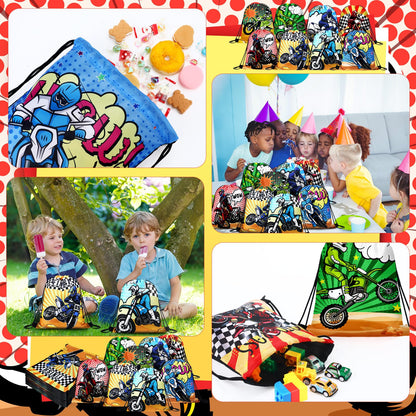 Boao 16 Pack Dirt Bike Favors Bag Racing Themed Party Drawstring Motorcycle Goodie Bags for Birthday Party Supplies Candy Gift Men Bike Lover