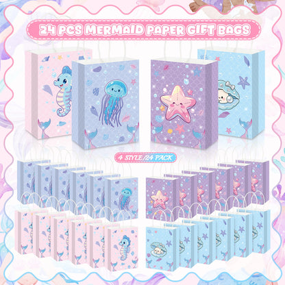 Pineraap 24Pcs Ocean Animals Party Favor Bags with Handles, Mermaid Gift Goodie Treat Paper Bags, Under the Sea Theme Gift Paper Bag for Girls Boys Kids Birthday, Mermaid Theme Party, Baby Shower