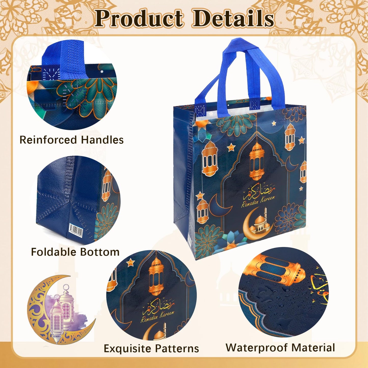 Ramadan Gift Bags, 8Pcs Medium Size Bulk Ramadan Mubarak Bags for Gifts, Reusable Non-Woven Eid Goodie Bag with Handles Treat Bag Perfect for Kareem Eid Mubarak Gift Wrap Goody Party Favor Supplies