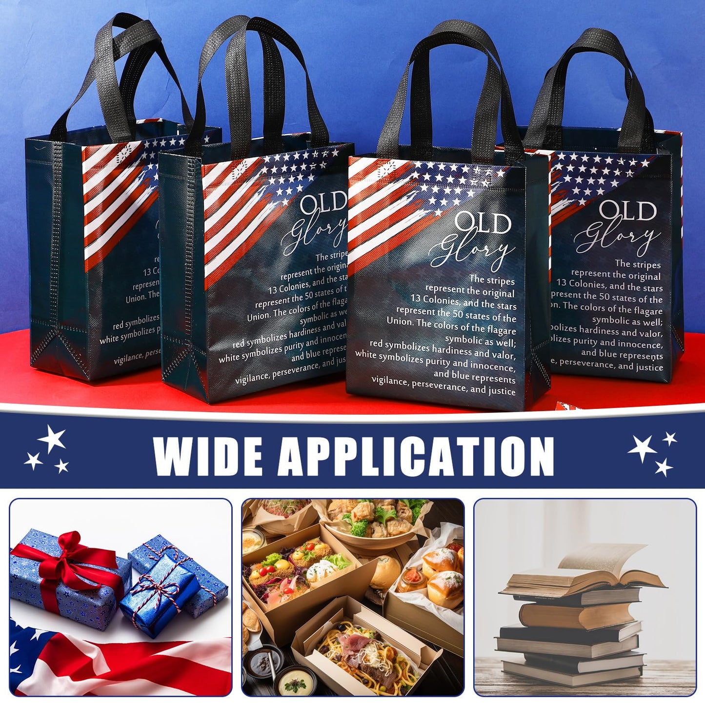 Sweetude 15 250 Anniversary Patriotic Gift Bags Bulk American Flag Theme Bags with Handle Medium Reusable USA Souvenirs Gifts for Church Remembrance Day Party Decorations Favors