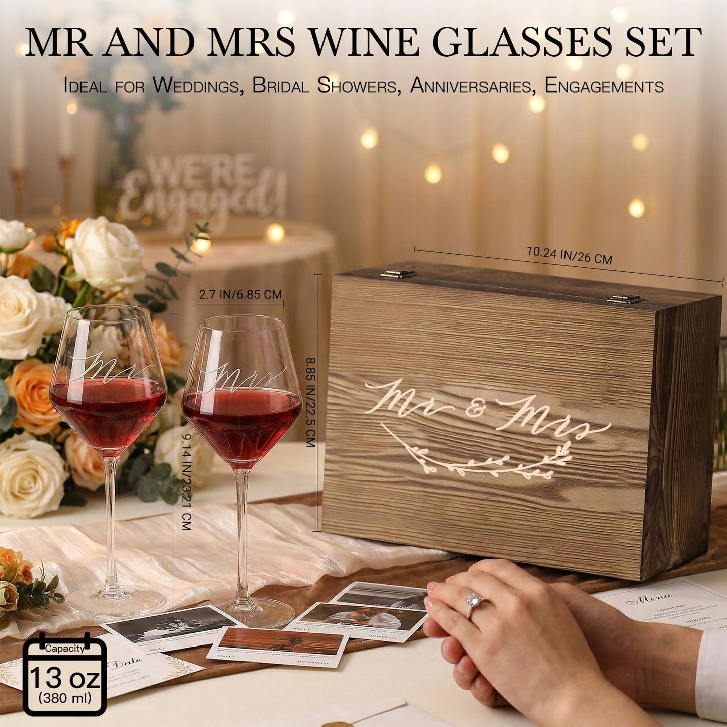 Wedding/Anniversary/Engagement/Bridal Shower and Bachelorette Gifts for Couples,Bride & Newlywed, Engraved Mr and Mrs Wine Glasses with 5-Piece Wine Accessory Kit