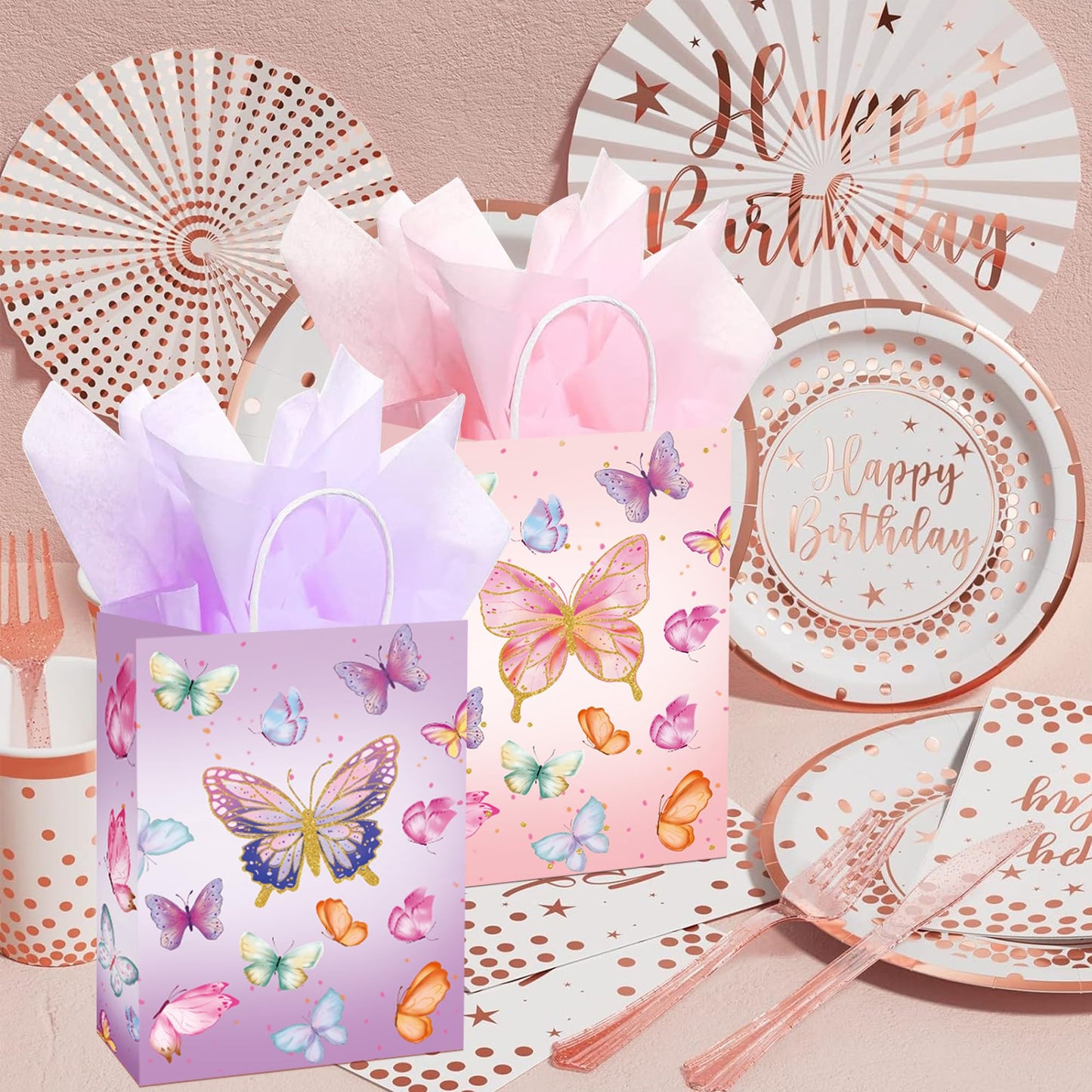 W WINTMING 16 Pcs Butterfly Gift Bags Butterflies Party Favor Bags with Tissue Paper Pink Purple Paper Goodie Bag Birthday Bag for Wedding, Birthday, Party Supplies and Gift (Butterfly)