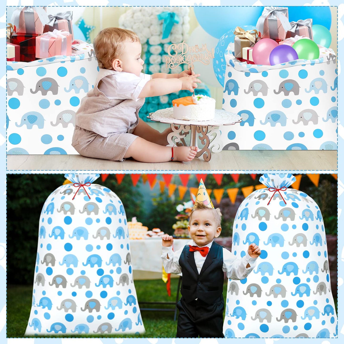Zonon 3 Pcs 56'' XL Extra Large Baby Shower Bag Blue Elephant Giant Oversized Holiday Plastic Gift Bags Jumbo Huge Storage Wrapping for Birthday Present Holiday Party Favors Gift Wrap(Blue)