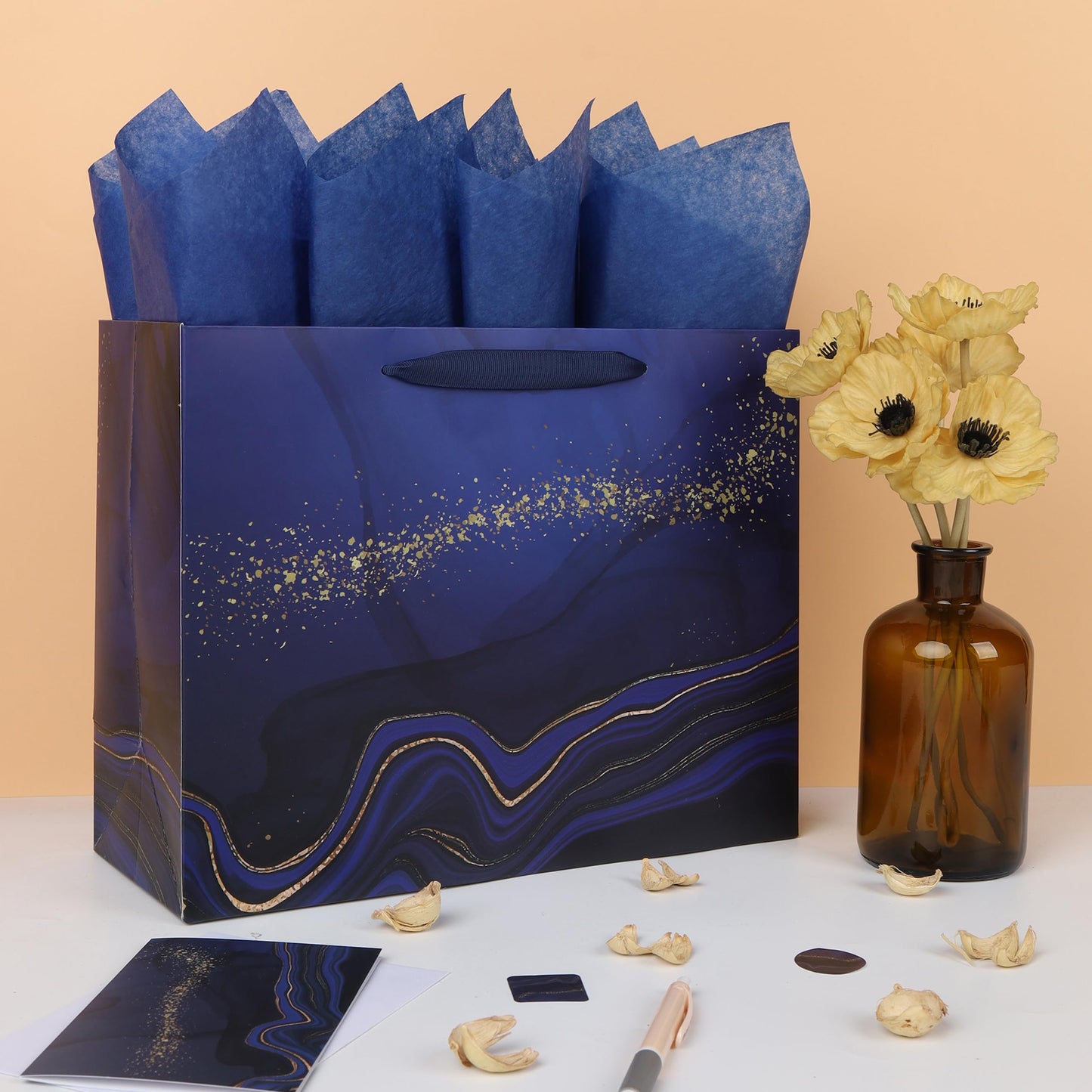 13'' Large Blue Marble Gift Bag Set with Handles, Greeting Card, Tissue Papers and Stickers for Men Boys Kids for Birthdays, Fathers Day, Graduations, Christmas, Baby Showers, Marble Design, 1 Pcs
