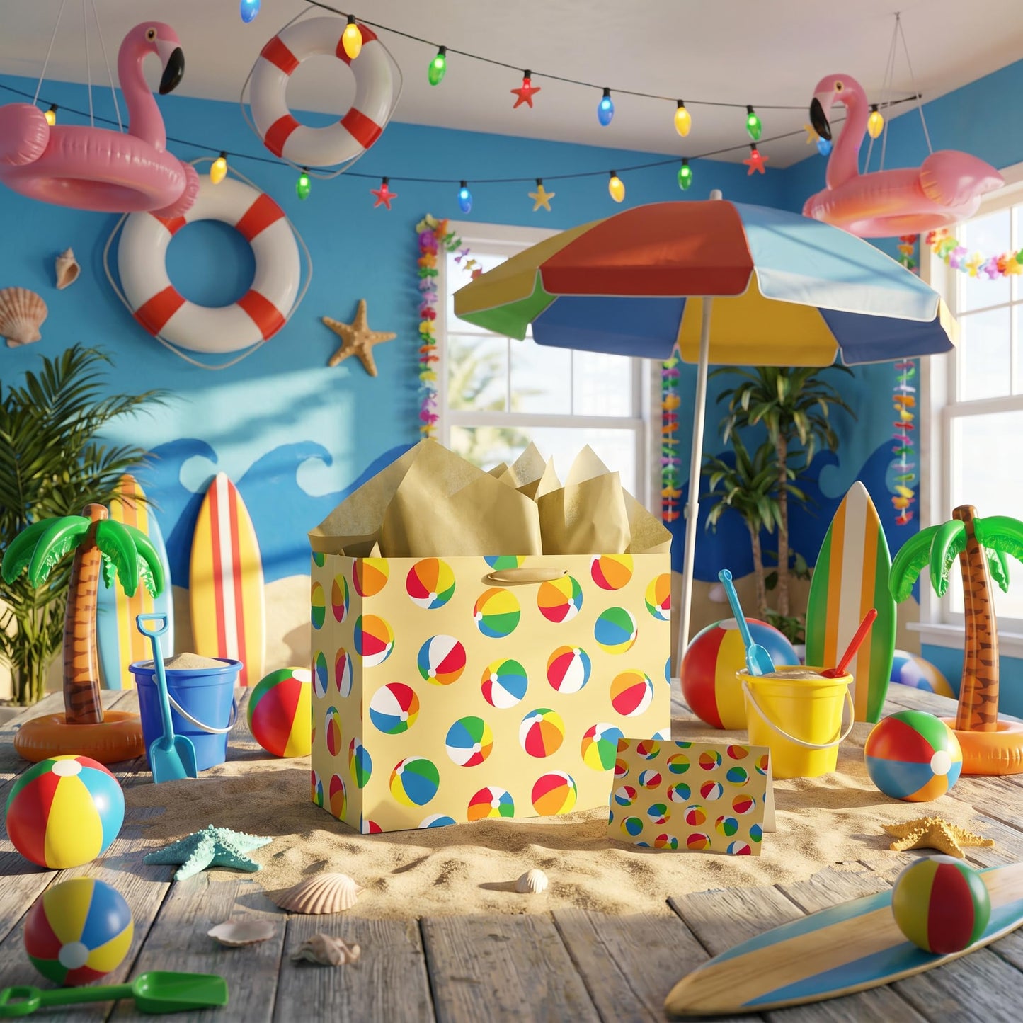 Woosytoo Beach Ball Gift Bag with Tissue Paper and Card - Colorful Summer Pool Party Gift Wrapping Bag - Hawaiian Luau Theme Birthday Present Sack for Kids Boys Girls Women Men