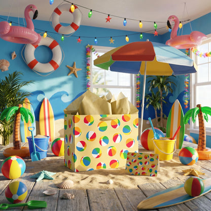 Woosytoo Beach Ball Gift Bag with Tissue Paper and Card - Colorful Summer Pool Party Gift Wrapping Bag - Hawaiian Luau Theme Birthday Present Sack for Kids Boys Girls Women Men