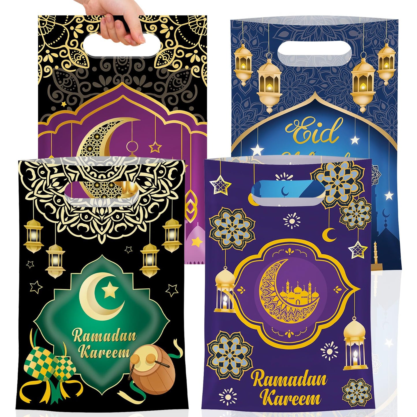 50 Pcs Ramadan Gift Bags with Handles - Eid Mubarak Goodie Bag, Ramadan Kareem Plastic Goody Candy Cookie Snack Treat Party Favor Bags Bulk for Islamic Muslim Eid Mubarak Party Supplies Favors,4 Style