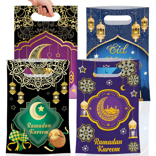 50 Pcs Ramadan Gift Bags with Handles - Eid Mubarak Goodie Bag, Ramadan Kareem Plastic Goody Candy Cookie Snack Treat Party Favor Bags Bulk for Islamic Muslim Eid Mubarak Party Supplies Favors,4 Style