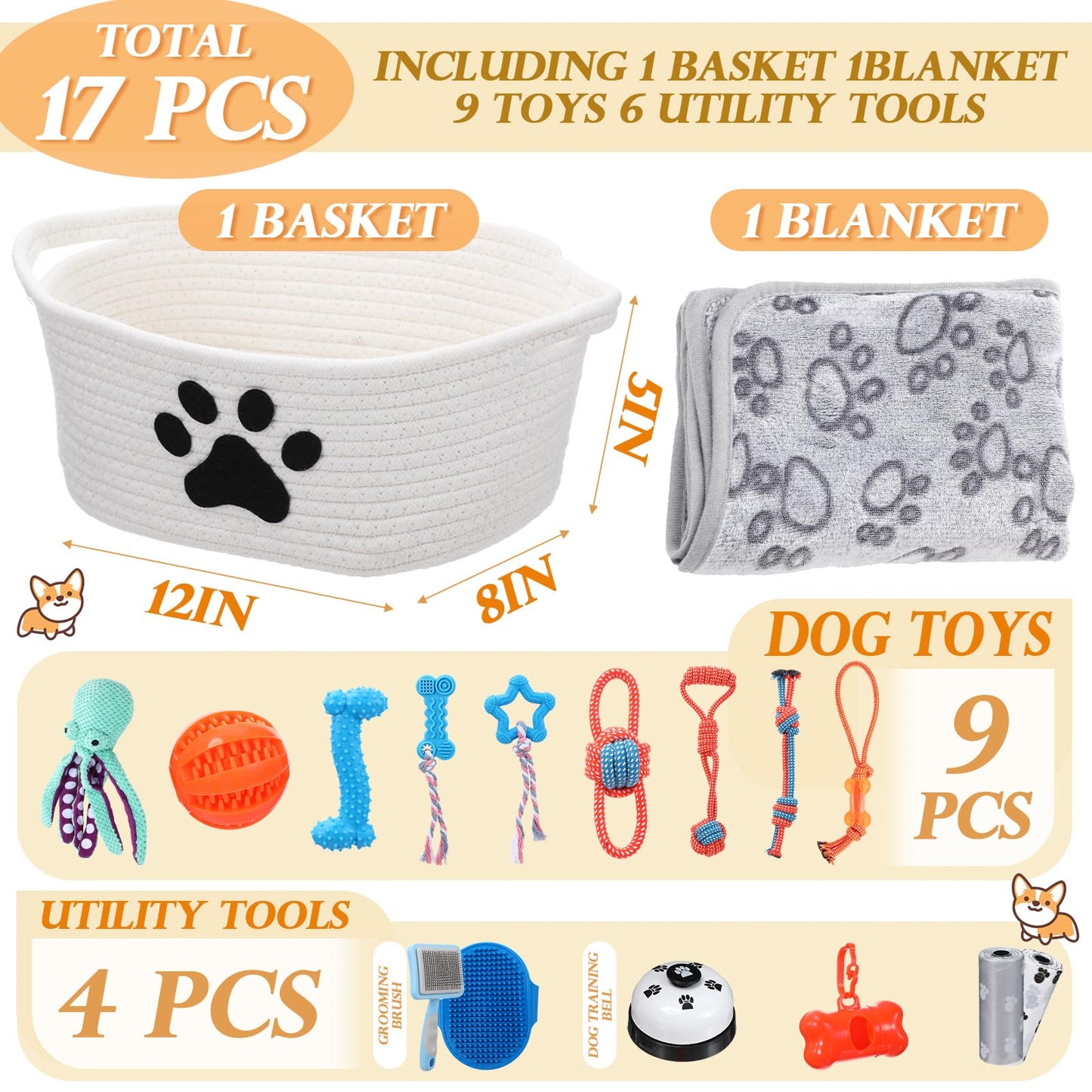 Zopeal 17 Pcs Summer Puppy Gift Set, Dog Toy & Essentials Bundle with Chew Toys, Poop Bag Dispenser, Grooming Brush, Training Bell, Blanket & Rope Basket(Octopus)
