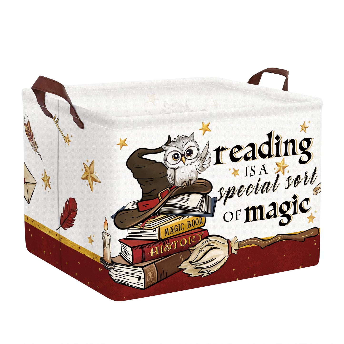 Clastyle Magic Nursery Decor Baby Gift Basket Kid Large Feather Hat Book Shelf Basket Broomstick Collapsible Rectangle Clothes Toy Bin,Wand Owl,40 * 30 * 30 cm
